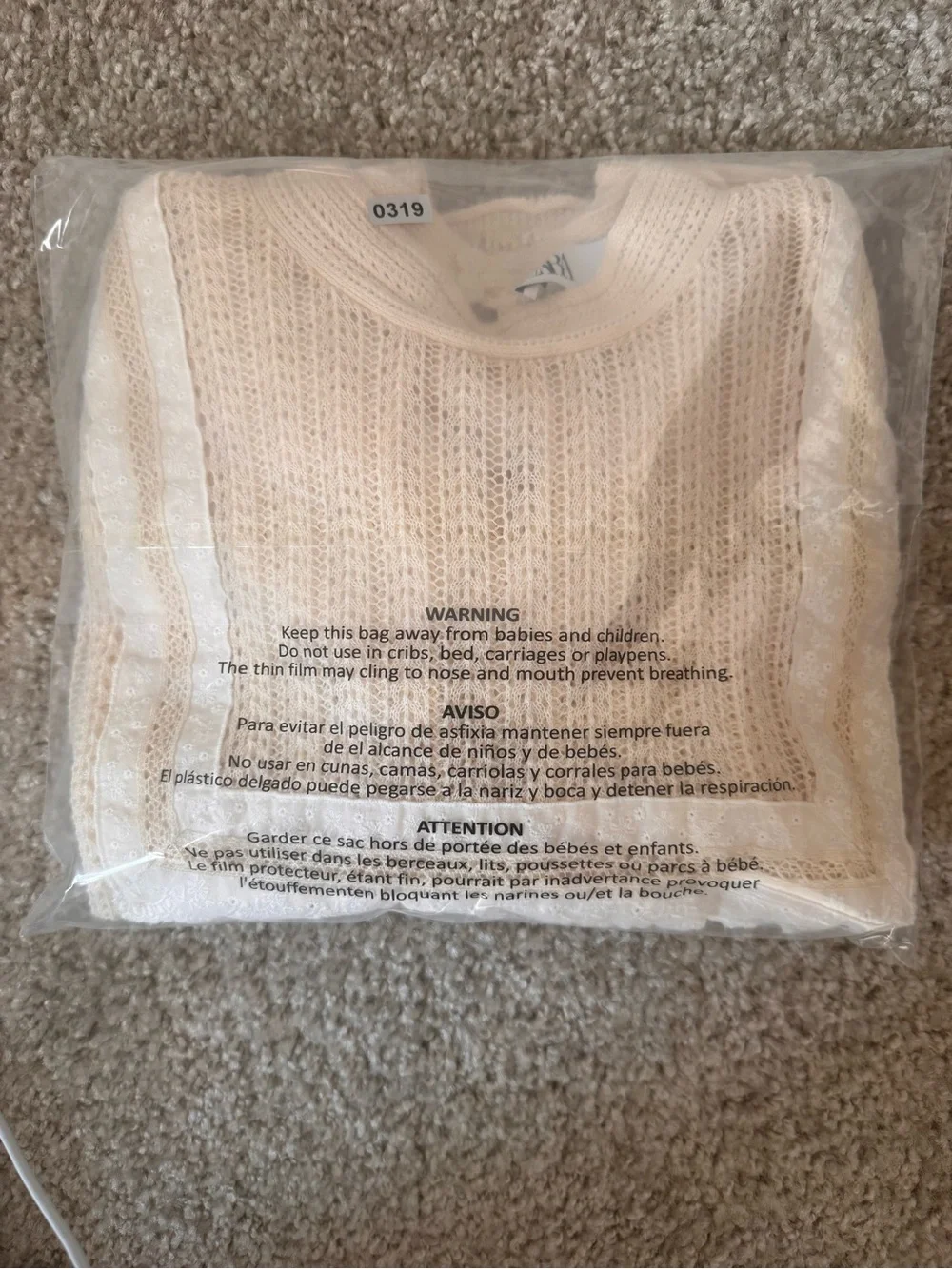 Zara Cream Crochet Knit Sweater with Lace Bib Detail